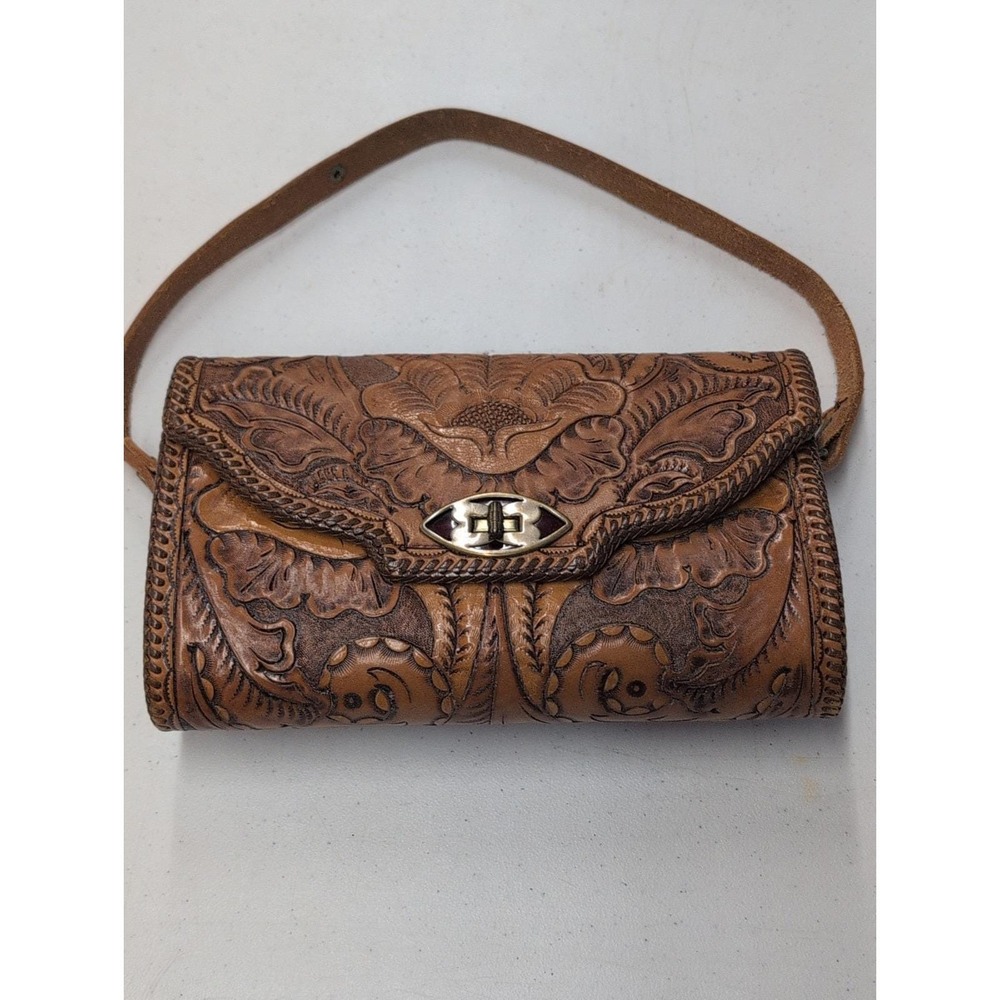 Vintage Tooled Leather Purse Handcrafted Boho Western Mexico